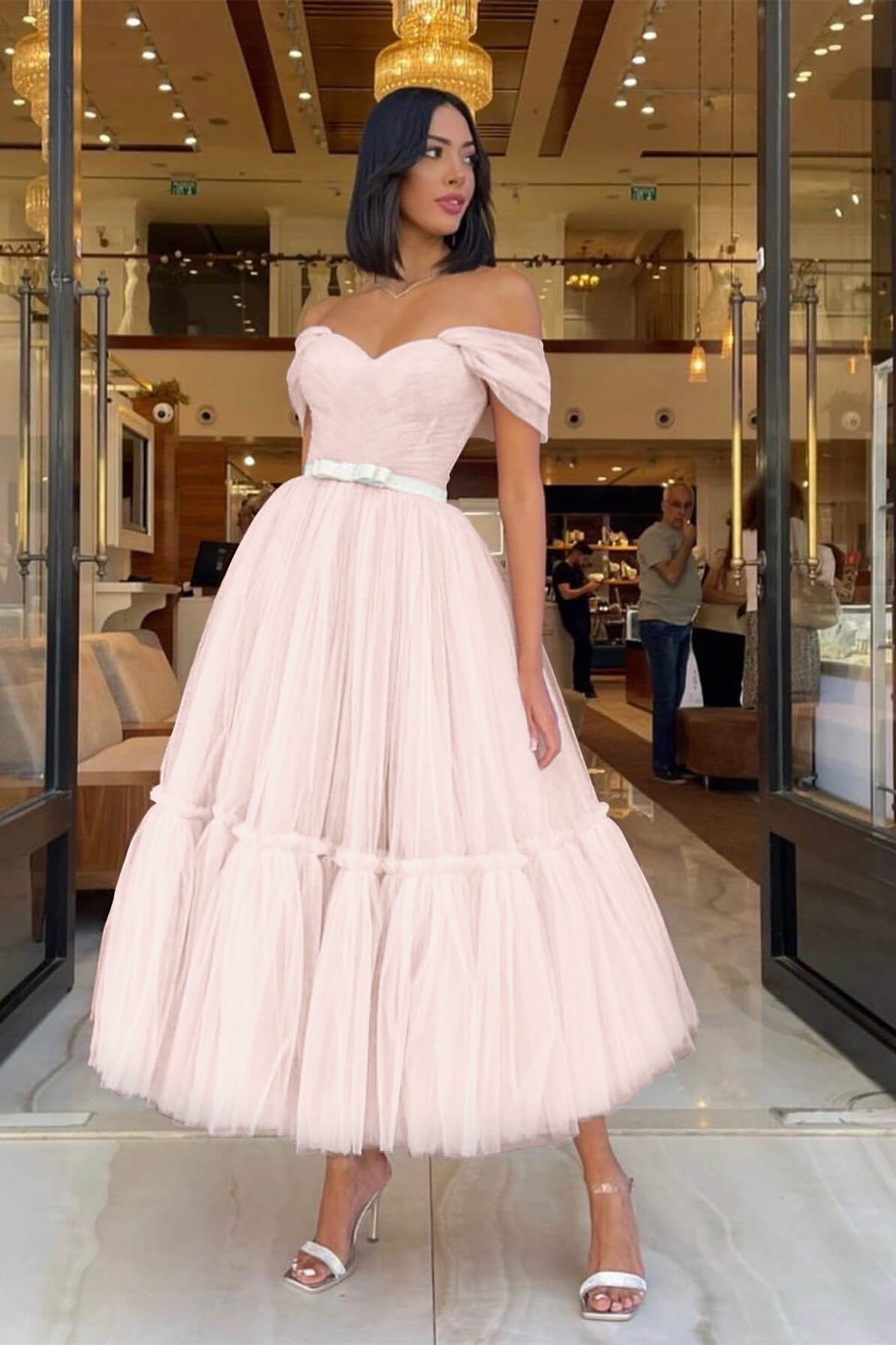 Light Pink Off-The-Shoulder Tulle Prom Dress With Belts Sweetheart
