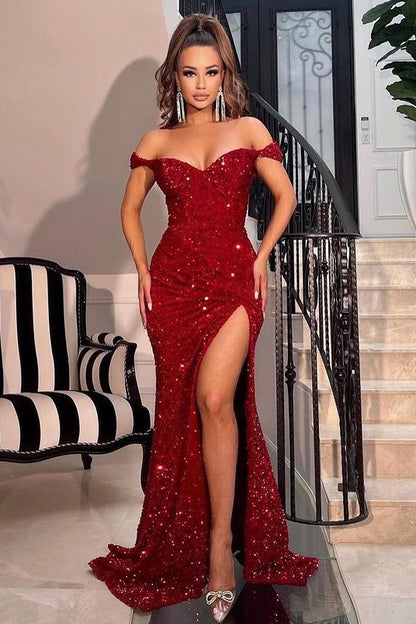 Off-The-Shoulder Sweetheart Red Sequins Mermaid Prom Dress With Split