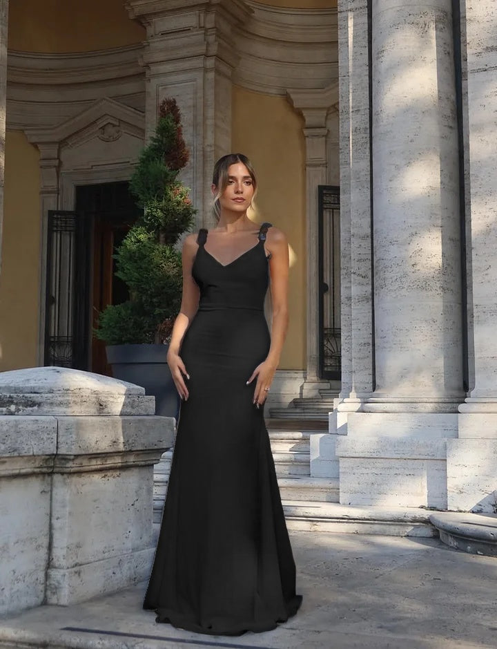 Fitted White Spaghetti-Straps V-Neck Backless Beaded Evening Dress