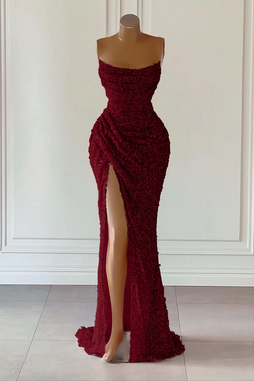 Dusty Pink Square Neck Sleeveless Mermaid Prom Dress Long Slit with Sequins