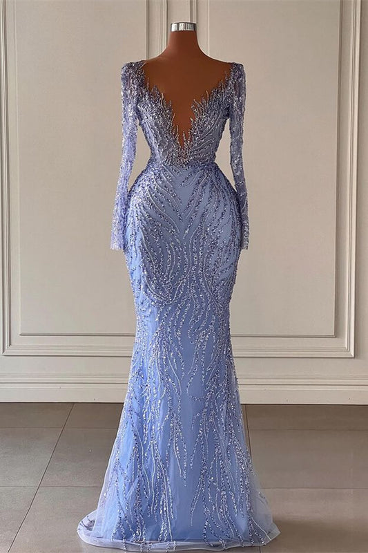 Elegant Long sleeves V Neck Mermaid Evening Dress  With Sequins Beadings