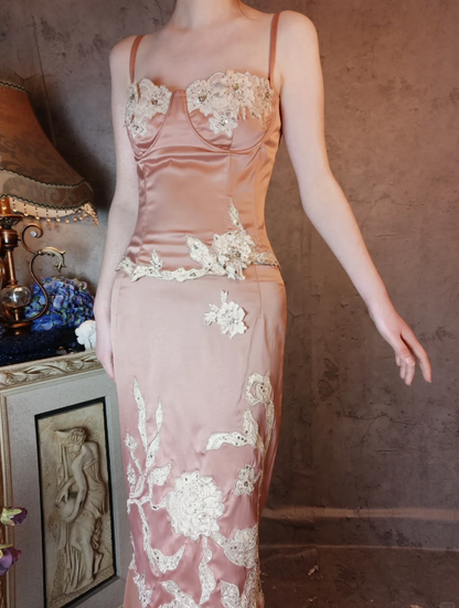 Elegant Pink Mermaid Spaghetti Strap Lace Embroidered Satin Prom Dress Evening Dress P4320