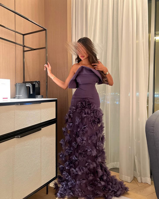 Sleeveless Elegant Purple One-Shoulder Floral Long Prom Dress