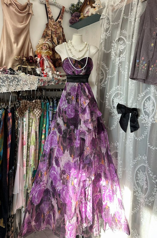 A Line Sleeveless Long Floral Chiffon Evening Dress Prom Dresses fg8230