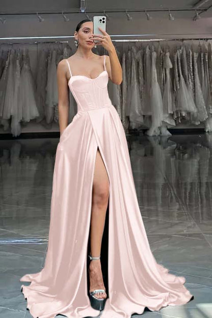 Red Spaghetti Straps A-Line Long Prom Dress With Pleated
