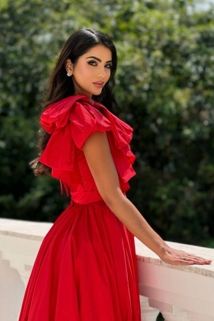 Red One Shoulder Slit Long Prom Dress Sleeveless