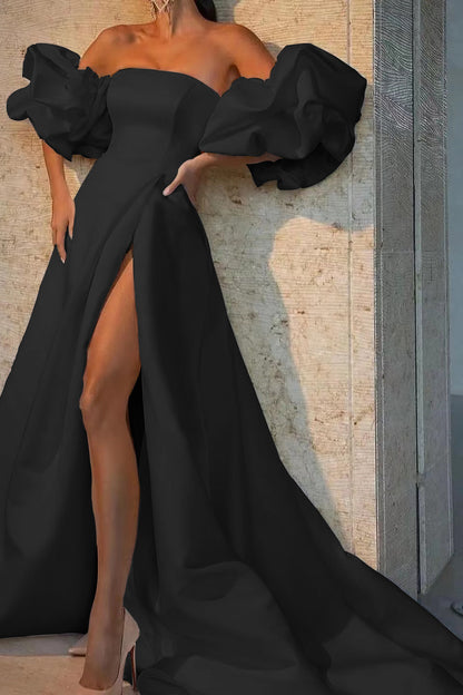 White Off-The-Shoulder Bubble Sleeves Long Evening Dress With Slit