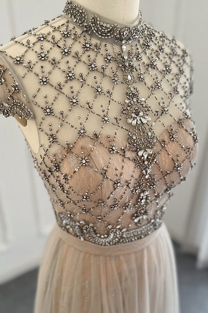 Champagne Jewel Neck A Line Prom Dress Tulle Diamond-Studded