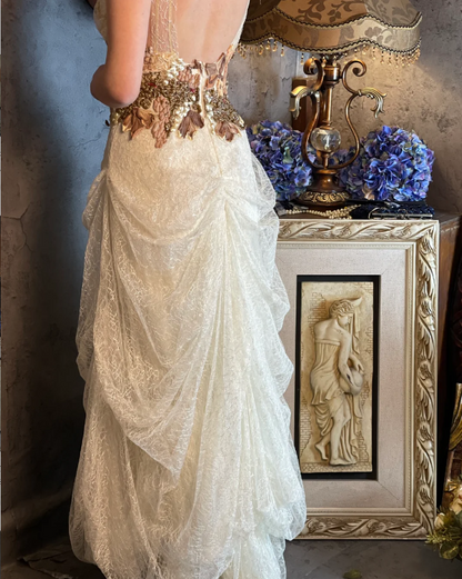 Vintage Ivory Deep V-Neck Beaded 3D Floral Lace Long Prom Dress Evening Dress P4323