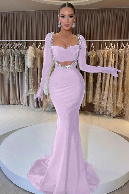 Black Long Sleeve Beaded Charming Mermaid Prom Dress With Gloves