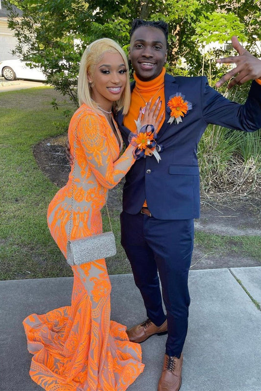 Mermaid Long Sleeves Orange V-Neck Prom Dress