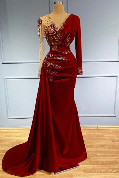 Long Sleeves Beadings Prom Dress V Neck Mermaid