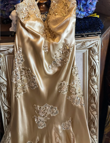 Vintage Mermaid Champagne Gold Sequined Lace Satin Long Prom Dress Evening Dress P4326
