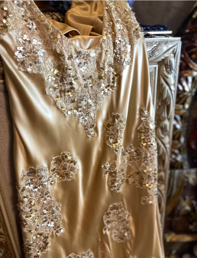 Vintage Mermaid Champagne Gold Sequined Lace Satin Long Prom Dress Evening Dress P4326
