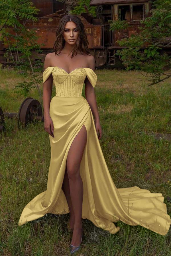 Mermaid Off-the-Shoulder Beadings Sweetheart Prom Dress Slit