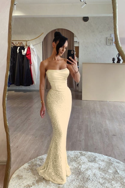 Pink Satin Sequins Spliced Strapless Mermaid Prom Dress