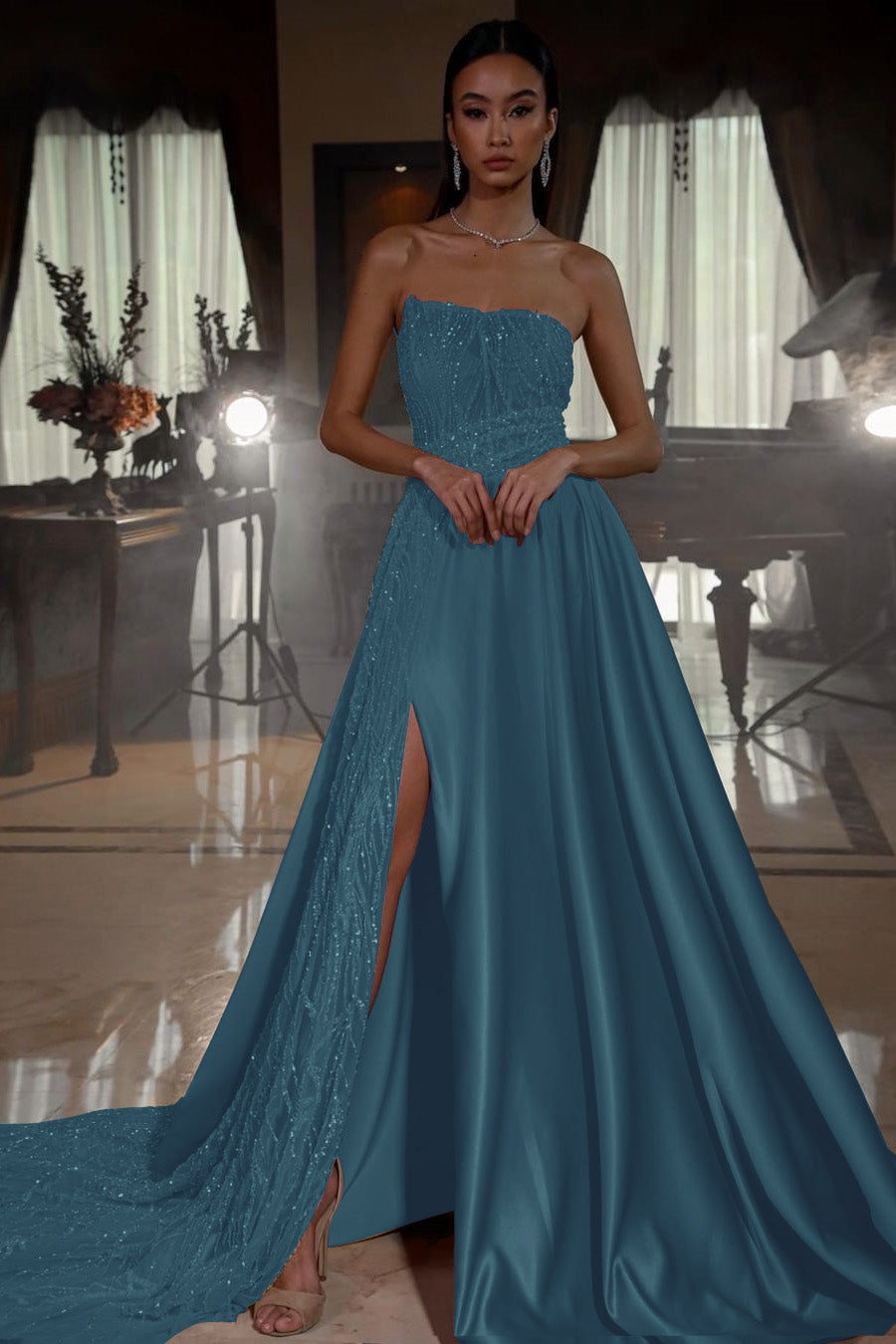 Pink Strapless A-Line Sleeveless Sequins Prom Dress With Split