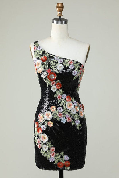 Green One Shoulder Sequin Beading Homecoming Dress