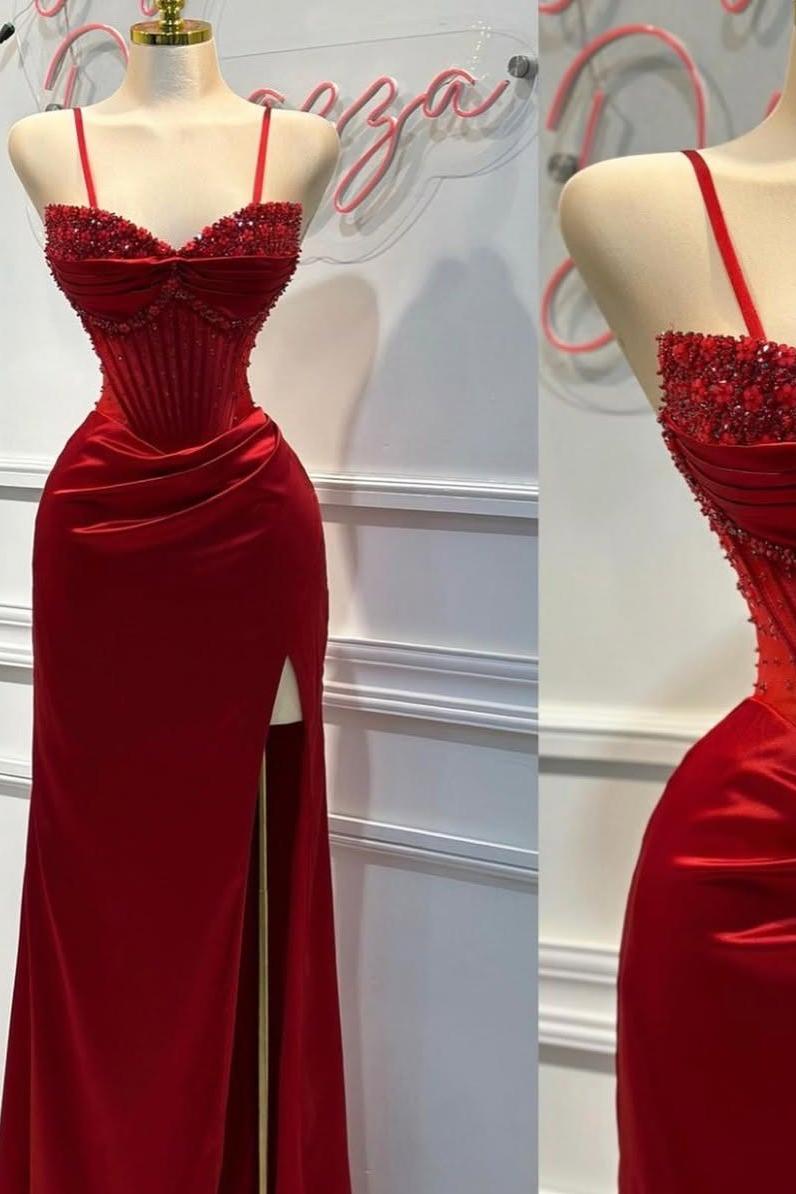Shinning Red Satin Spaghtti Strap Sweetheart Split Prom Dress with Beadings