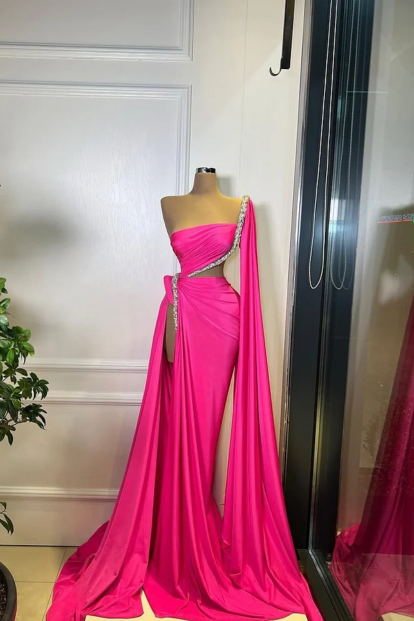 Fuchsia Sleeveless Strapless Mermaid Beads Prom Dress