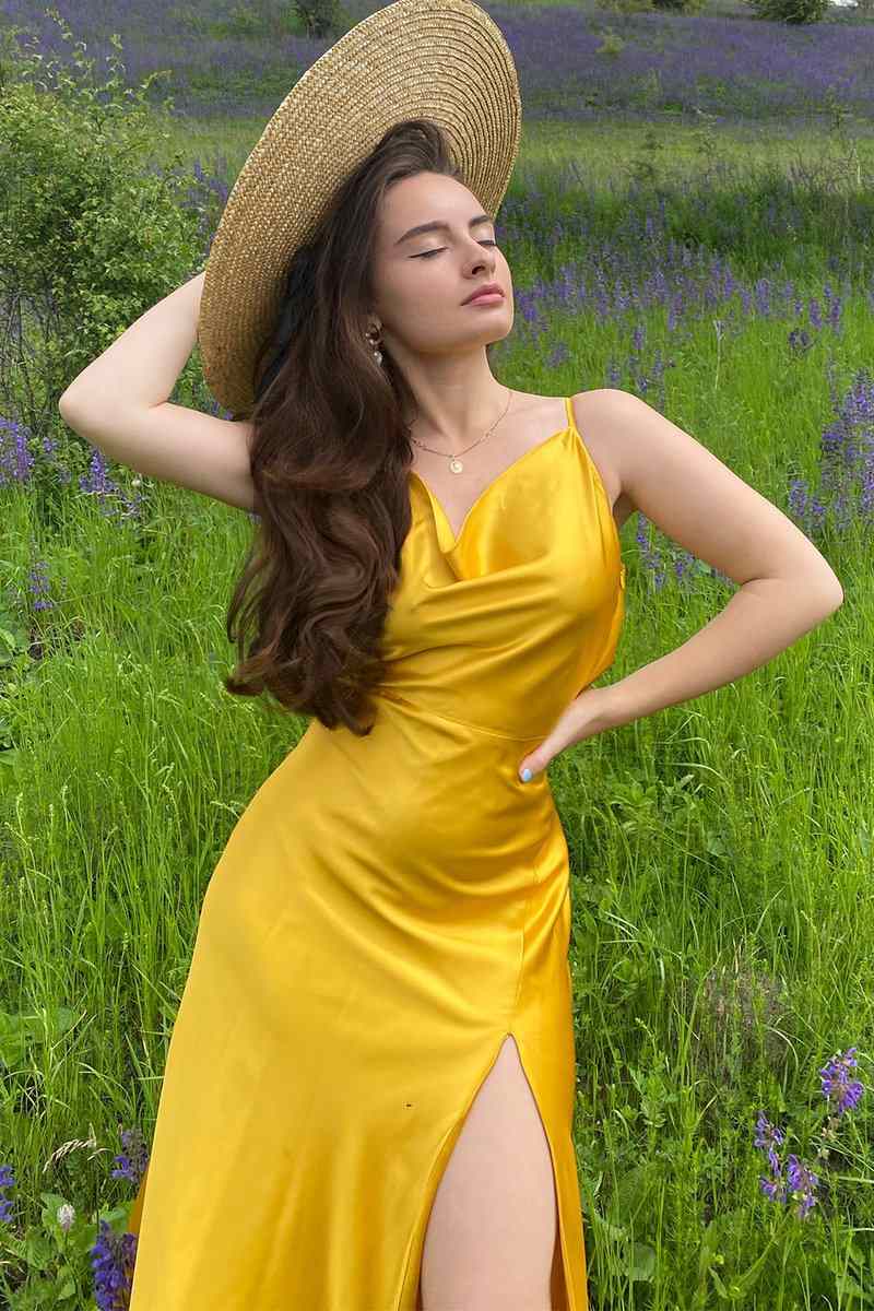 Marigold Mermaid Satin Cowl Neck Long Bridesmaid Dress with Slit