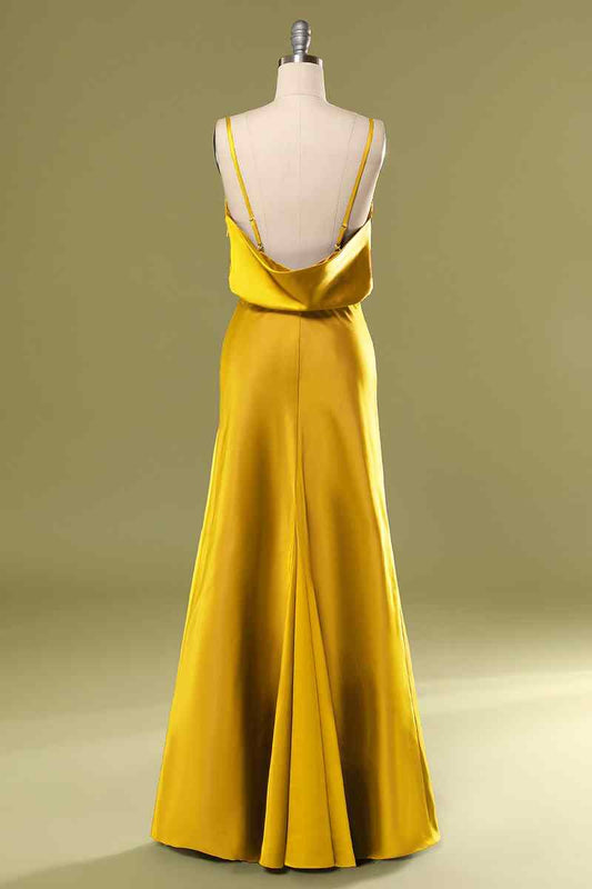 Marigold Mermaid Satin Cowl Neck Long Bridesmaid Dress with Slit