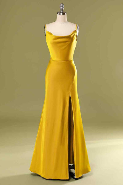 Marigold Mermaid Satin Cowl Neck Long Bridesmaid Dress with Slit