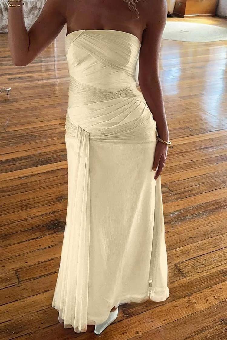 Chic Strapless Sleeveless Long Mermaid Prom Dress With Pleated
