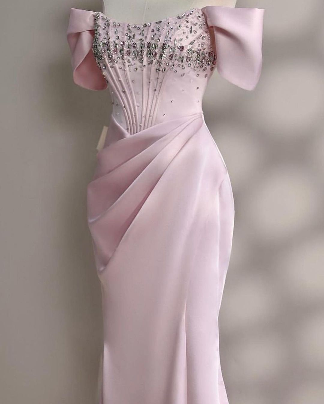 Blushing Pink A-Line Off-the-Shoulder Beads Prom Dress with Pleated