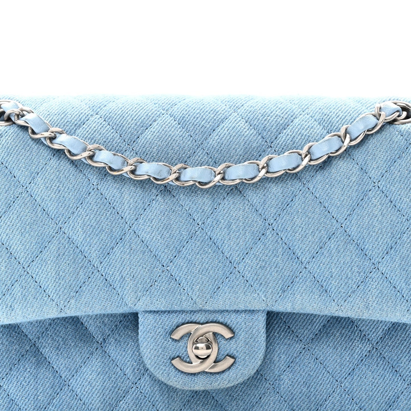 Denim Quilted Medium Double Flap Light Blue