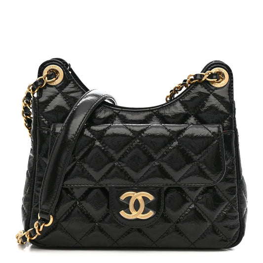 Shiny Crumpled Calfskin Quilted Small Wavy CC Hobo Black