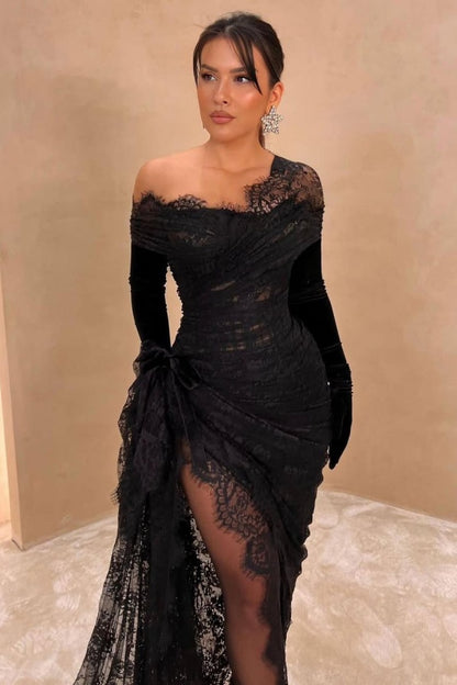 Black Long Tulle Prom Dress Long Sleeves with Lace Appliques