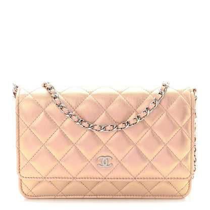 Iridescent Calfskin Quilted Wallet On Chain WOC Pink