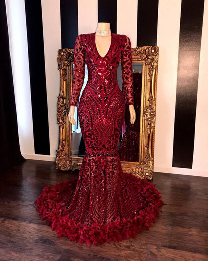 Long Sleeves Burgundy V Neck Mermaid Prom Dress Feather With Sequins