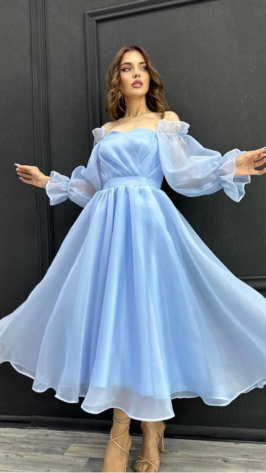 A Line Strapless Light Sky Blue Organza Prom Dresses Evening Dress fg8515