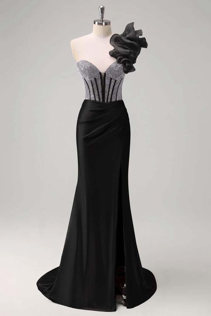 Strapless Handmade Flower Backless Mermaid Slit Prom Dress With Beading