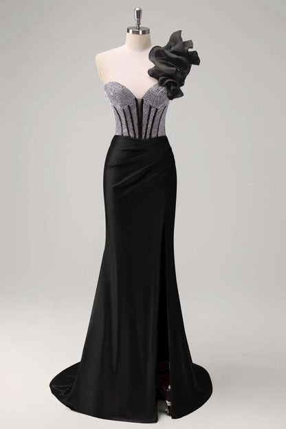 Strapless Handmade Flower Backless Mermaid Slit Prom Dress With Beading