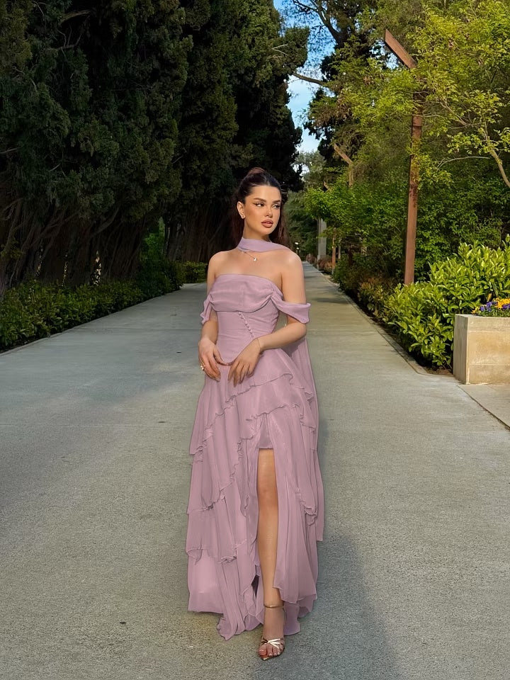 Dreamy Daffodil Off-The-Shoulder Split Ruffles Chiffon Evening Dress With Scarf