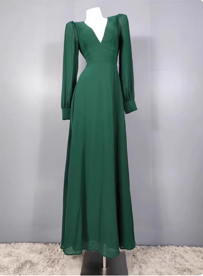 Elegant Deep Green A-line V-Neck Long-sleeved Backless Chiffon Long Prom Dress Evening Dress P4332