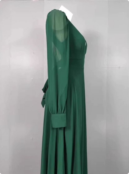Elegant Deep Green A-line V-Neck Long-sleeved Backless Chiffon Long Prom Dress Evening Dress P4332