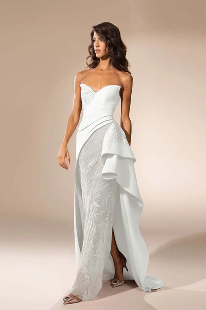 Sleeveless Strapless V Neck Embroidery Long Prom Dress With Slit