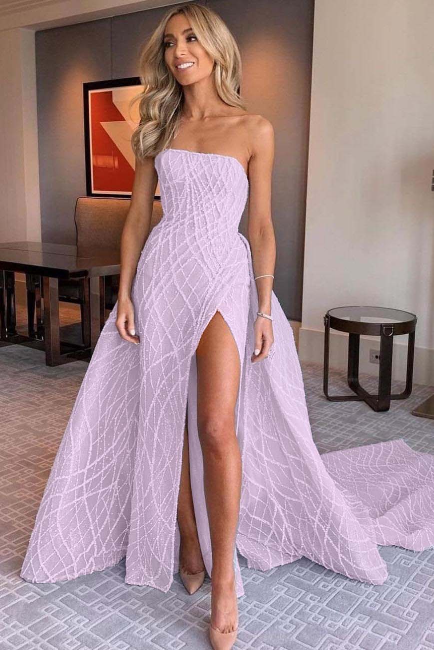 Stunning Light Blue Sleeveless Strapless Long Split Prom Dress with Embroidery