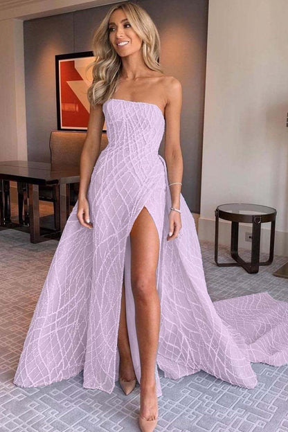 Stunning Light Blue Sleeveless Strapless Long Split Prom Dress with Embroidery