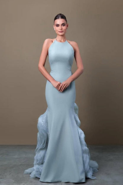 Elegant Blue Satin Halter Sleeveless Sequins Prom Dress with Ruffles