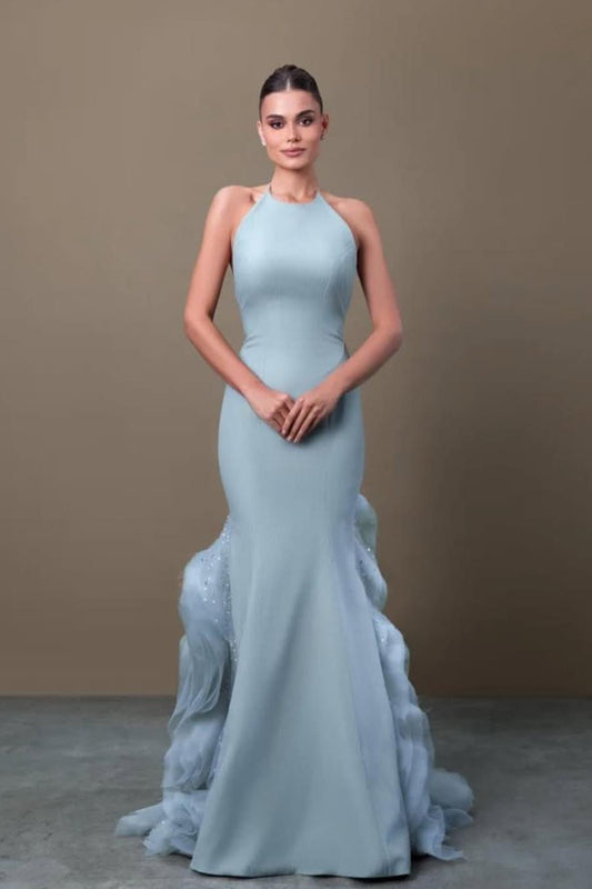 Elegant Blue Satin Halter Sleeveless Sequins Prom Dress with Ruffles