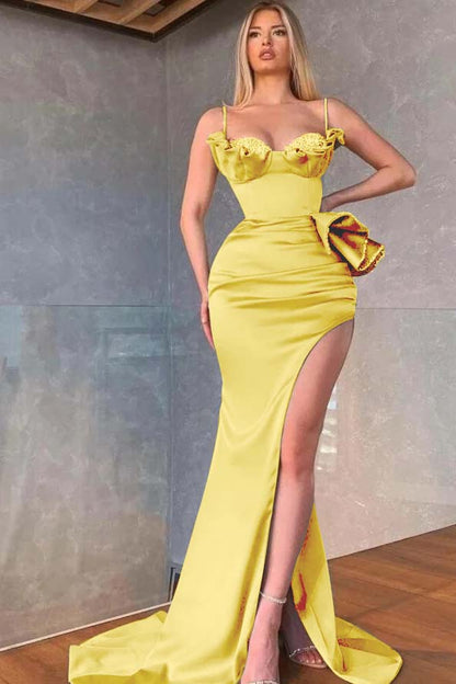 Dusty Sage Spaghetti-Straps Prom Dress Mermaid Split With Beadings Ruffles