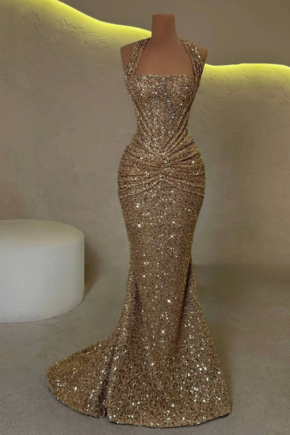 Gold Sleeveless Halter Straps Mermaid Prom Dress With Sequins