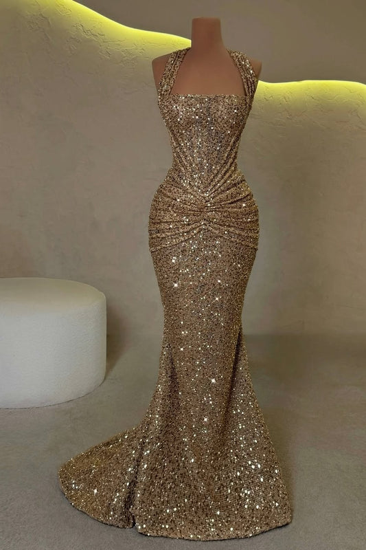 Gold Sleeveless Halter Straps Mermaid Prom Dress With Sequins
