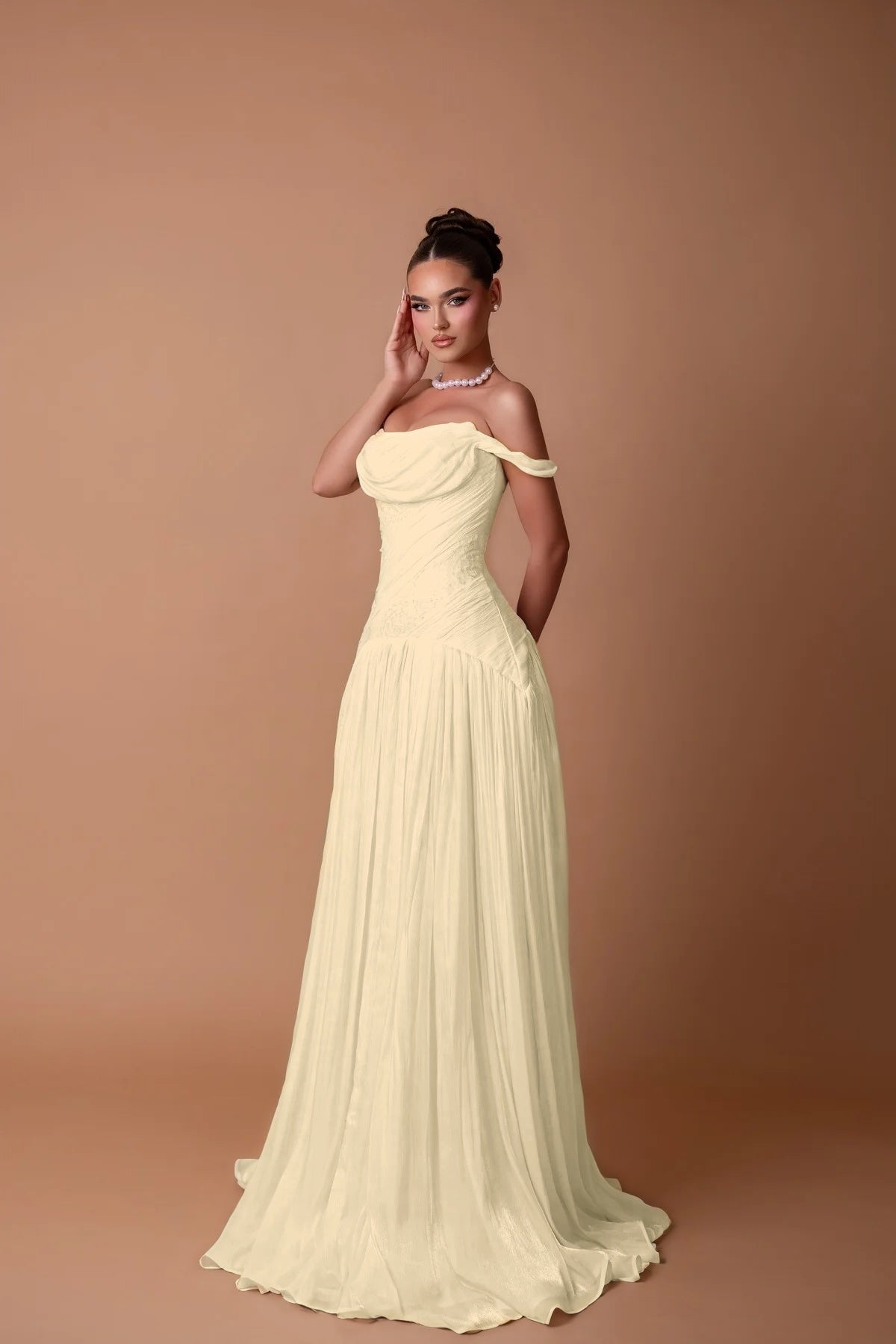 Charming White Off-the-Shoulder A-Line Evening Dress in Chiffon Pleated