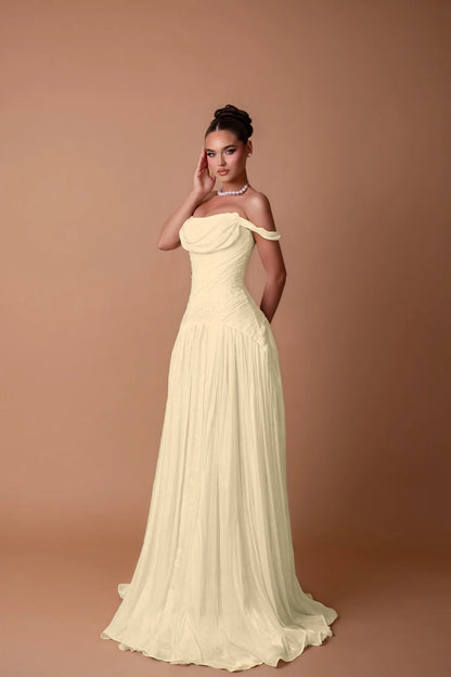 Charming White Off-the-Shoulder A-Line Evening Dress in Chiffon Pleated